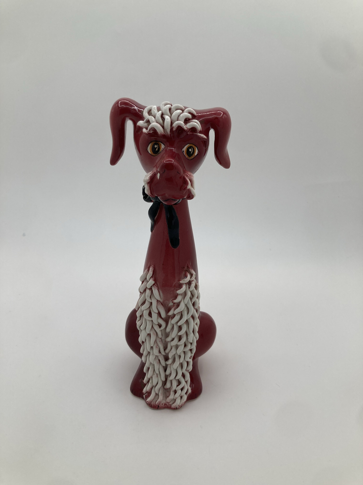 Vintage Mid-Century Red Poodle Figurine with Bow – Ceramic Dog Statue Japan